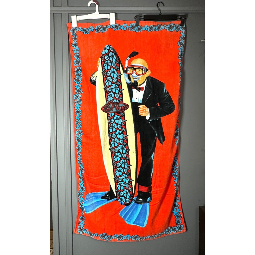 Vintage Six Flags Amusement Park Towel Y2K beach towel Joe Cool surfboard 1991‎
